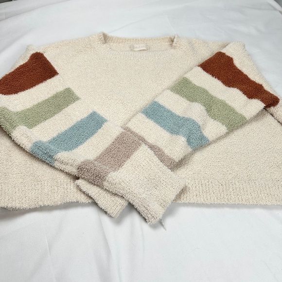 Altar’d State Teddy Bear Sweater Cropped Size L Cream With Striped Sleeves Soft - Picture 1 of 11